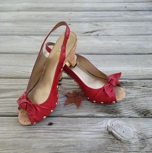 Red "Payton" Slingbacks, peek-a-boo toe w/ bow cork base & studded sides 2" heel